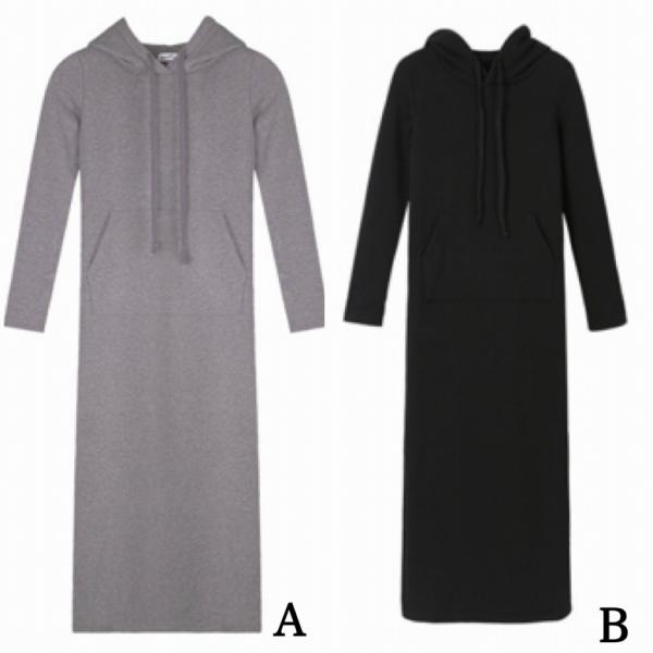 レディース ワンピース Tシャツワンピ パーカー フード付き ミモレ丈 シンプル タイト スリム 長袖 ブラック グレー 大きいサイズ 送料無料