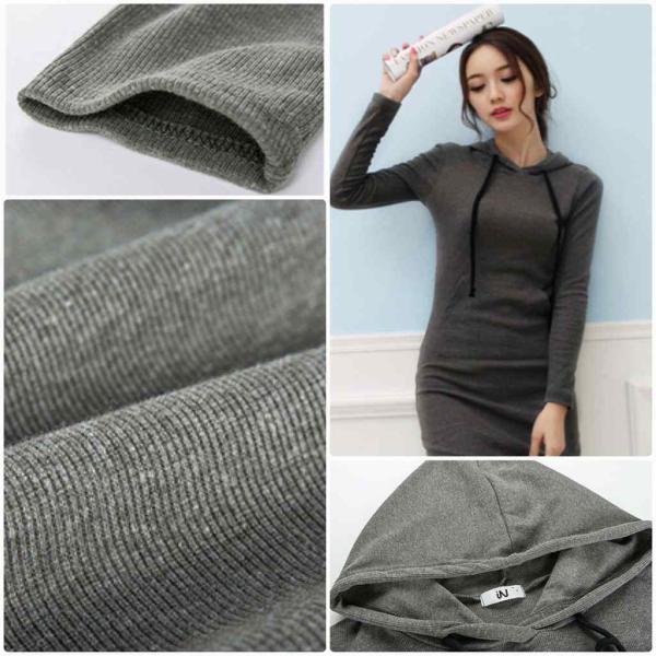 レディース ワンピース Tシャツワンピ パーカー フード付き ミモレ丈 シンプル タイト スリム 長袖 ブラック グレー 大きいサイズ 送料無料