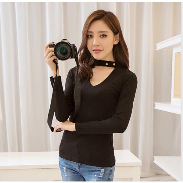 レディース ロングTシャツ デコルテ 胸開き スリム タイト ロンT レッド ブラック S M L XL 2XL 大きいサイズ 送料無料