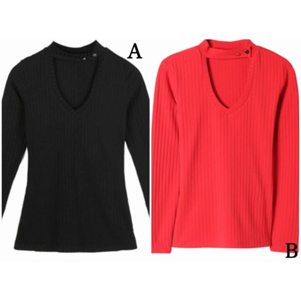 レディース ロングTシャツ デコルテ 胸開き スリム タイト ロンT レッド ブラック S M L XL 2XL 大きいサイズ 送料無料