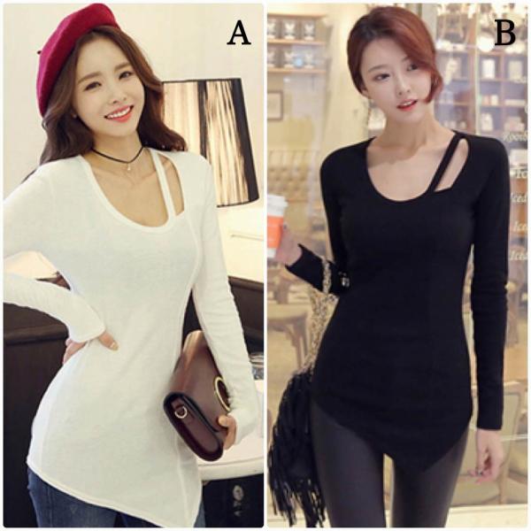 レディース ロングTシャツ デコルテ 胸開き スリム タイト 長袖 ロンT ホワイト ブラック S M L XL 2XL 大きいサイズ 送料無料