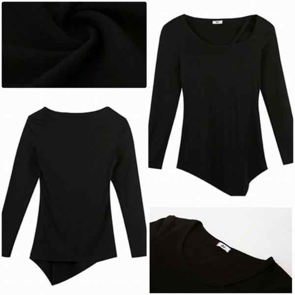 レディース ロングTシャツ デコルテ 胸開き スリム タイト 長袖 ロンT ホワイト ブラック S M L XL 2XL 大きいサイズ 送料無料