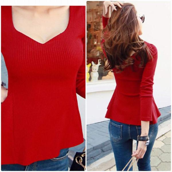 レディース ロングTシャツ デコルテ 胸開き スリム タイト 長袖 無地 シンプル ロンT レッド S M L XL 2XL 大きいサイズ 送料無料