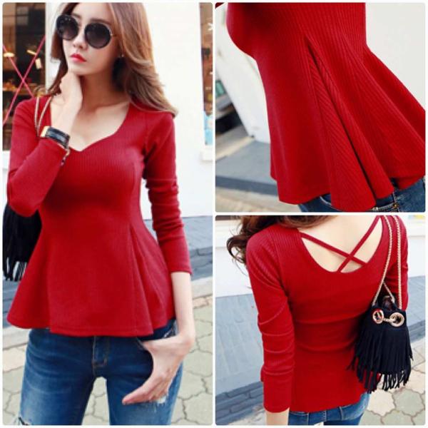 レディース ロングTシャツ デコルテ 胸開き スリム タイト 長袖 無地 シンプル ロンT レッド S M L XL 2XL 大きいサイズ 送料無料