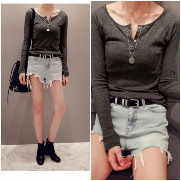 レディース ロングTシャツ ラウンドネック デコルテ 胸開き スリム タイト 長袖 無地 シンプル ロンT グレー ホワイト 大きいサイズ 送料無料