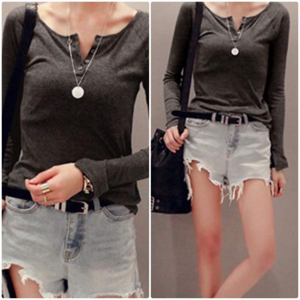 レディース ロングTシャツ ラウンドネック デコルテ 胸開き スリム タイト 長袖 無地 シンプル ロンT グレー ホワイト 大きいサイズ 送料無料