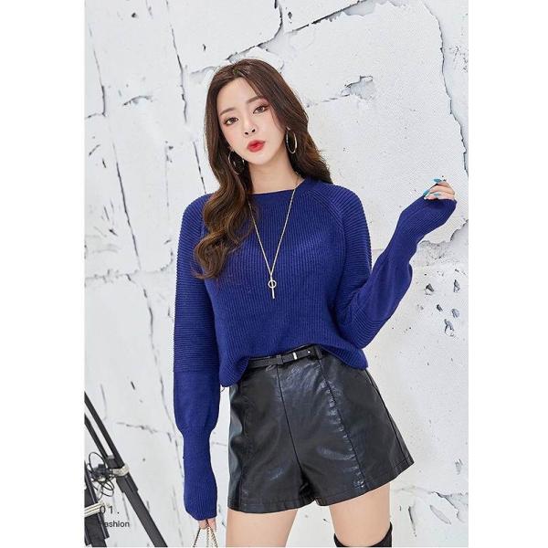 レディース ニット セーター ショート丈 長袖 シンプル スリム タイト ラウンドネック トップス ネイビー フリーサイズ ワンサイズ 送料無料