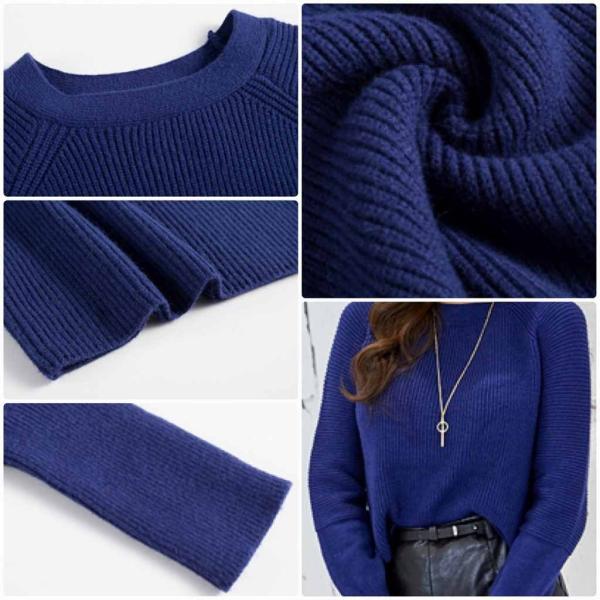 レディース ニット セーター ショート丈 長袖 シンプル スリム タイト ラウンドネック トップス ネイビー フリーサイズ ワンサイズ 送料無料