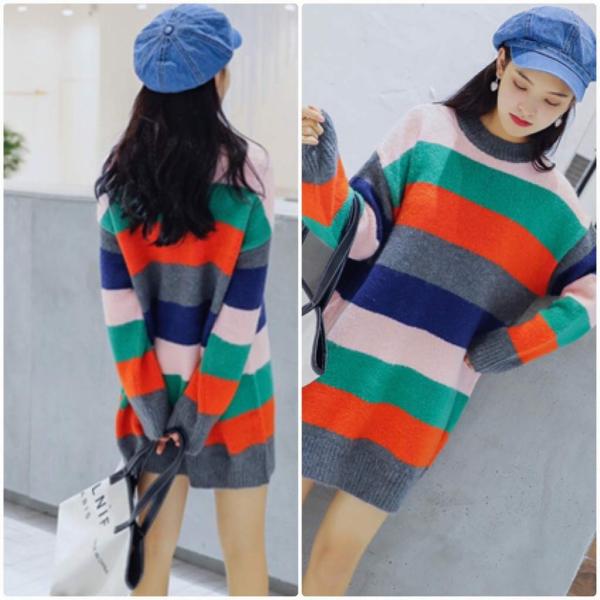 レディース ニット セーター ロング丈 長袖 ボーダー ゆったり オーバーサイズ クルーネック トップス フリーサイズ ワンサイズ 送料無料