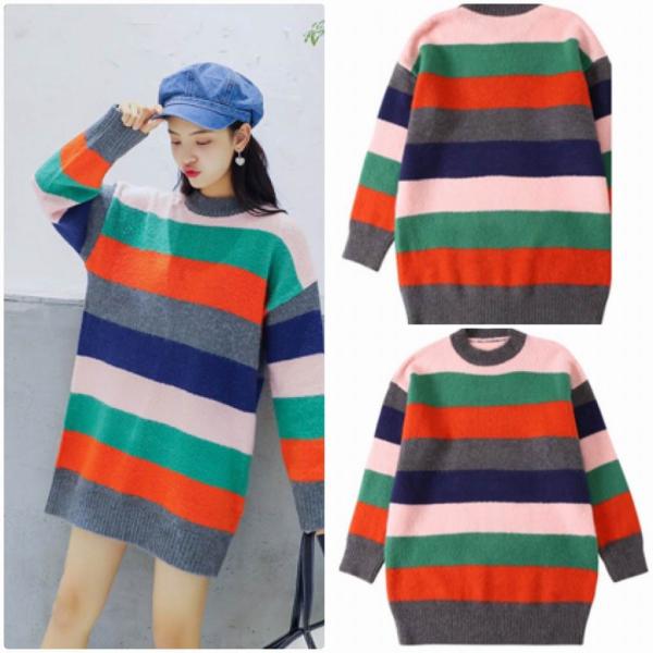 レディース ニット セーター ロング丈 長袖 ボーダー ゆったり オーバーサイズ クルーネック トップス フリーサイズ ワンサイズ 送料無料