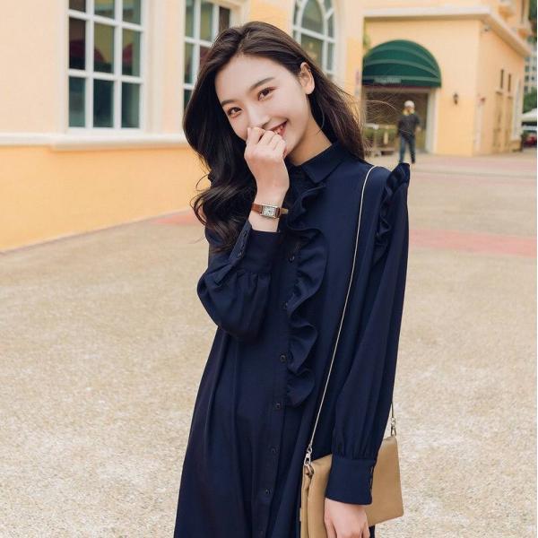 レディース ワンピース シャツワンピ スリット マーメイドスカート フレア フリル ミモレ丈 長袖 ホワイト ネイビー S M L サイズ 送料無料