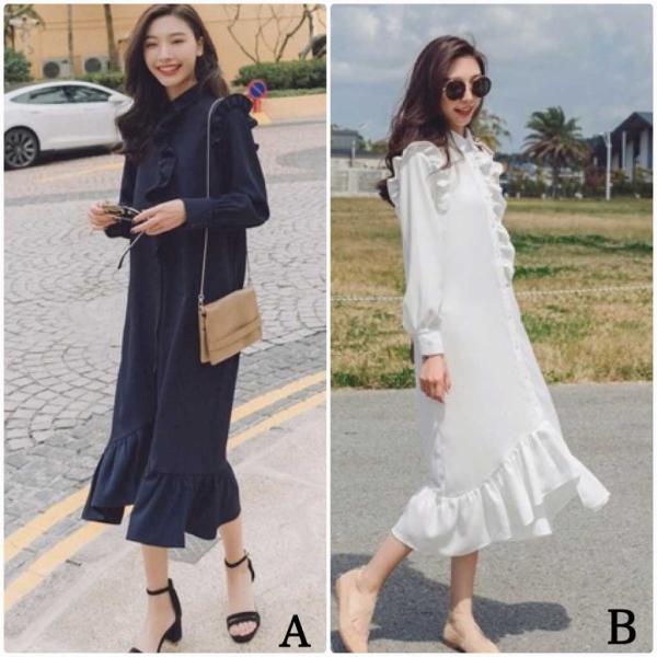 レディース ワンピース シャツワンピ スリット マーメイドスカート フレア フリル ミモレ丈 長袖 ホワイト ネイビー S M L サイズ 送料無料