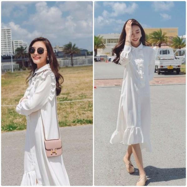 レディース ワンピース シャツワンピ スリット マーメイドスカート フレア フリル ミモレ丈 長袖 ホワイト ネイビー S M L サイズ 送料無料