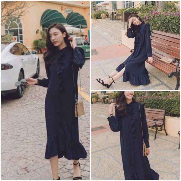 レディース ワンピース シャツワンピ スリット マーメイドスカート フレア フリル ミモレ丈 長袖 ホワイト ネイビー S M L サイズ 送料無料