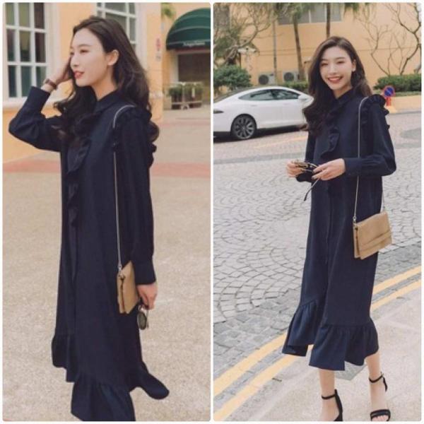 レディース ワンピース シャツワンピ スリット マーメイドスカート フレア フリル ミモレ丈 長袖 ホワイト ネイビー S M L サイズ 送料無料