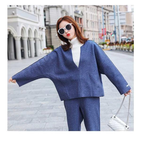 レディース 上下2点セット パンツスーツ Vネック ワイドレッグパンツ アンクルパンツ 半端丈 長袖 ブルー S M L XL サイズ 送料無料