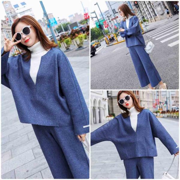 レディース 上下2点セット パンツスーツ Vネック ワイドレッグパンツ アンクルパンツ 半端丈 長袖 ブルー S M L XL サイズ 送料無料