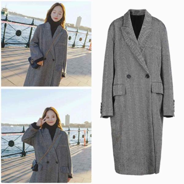 レディース チェスターコート ヘリンボーン生地 ゆったり オーバーサイズ アウター 秋 冬 ブラック 送料無料
