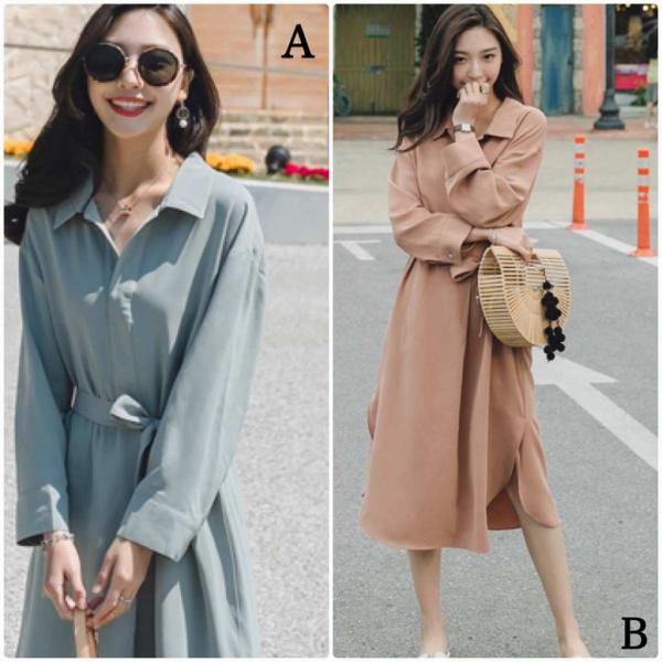 レディース ワンピース シャツワンピ スリット フレア 腰紐 リボン ミモレ丈 長袖 ベージュ ブルー S M L サイズ 送料無料