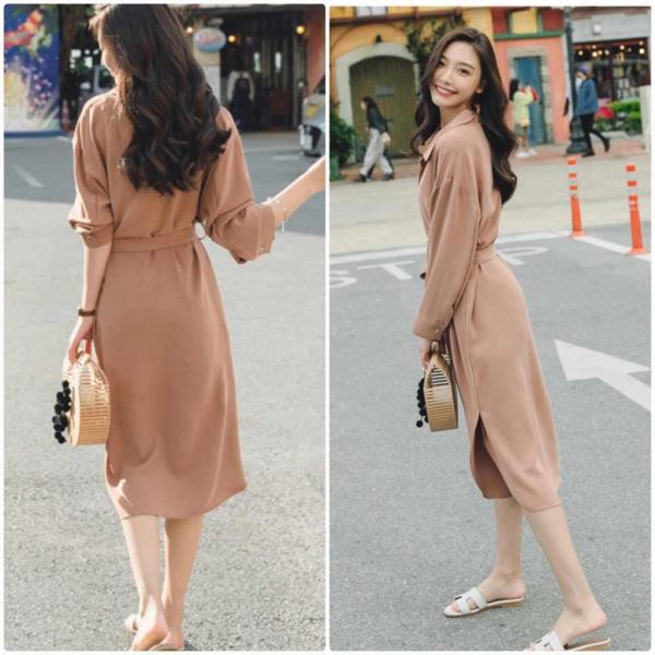 レディース ワンピース シャツワンピ スリット フレア 腰紐 リボン ミモレ丈 長袖 ベージュ ブルー S M L サイズ 送料無料