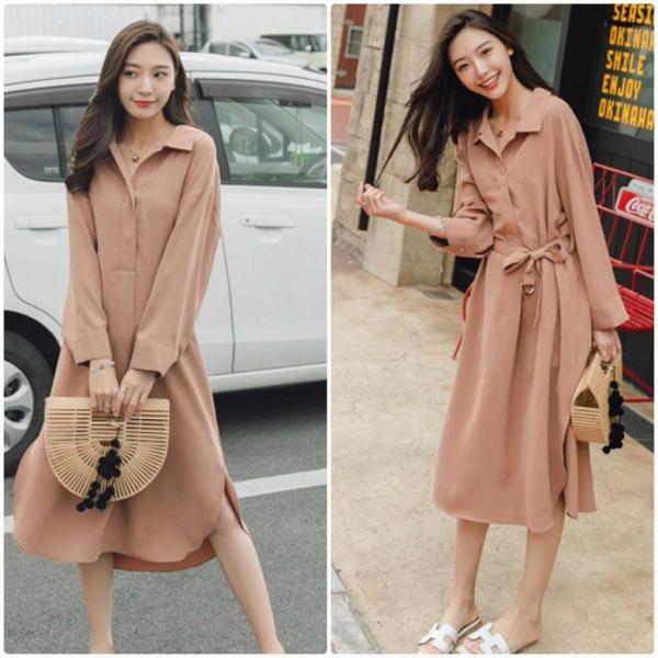 レディース ワンピース シャツワンピ スリット フレア 腰紐 リボン ミモレ丈 長袖 ベージュ ブルー S M L サイズ 送料無料