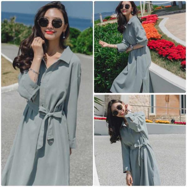 レディース ワンピース シャツワンピ スリット フレア 腰紐 リボン ミモレ丈 長袖 ベージュ ブルー S M L サイズ 送料無料