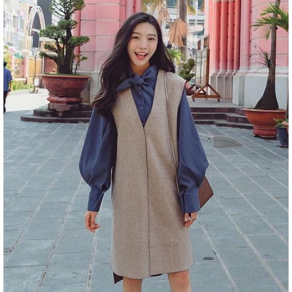 レディース 2点セット ワンピース Vネック ひざ丈 ブラウス ゆったり オーバーサイズ 長袖 ベージュ×ブルー S M L XL サイズ 送料無料