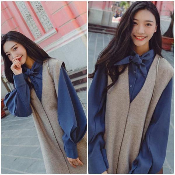 レディース 2点セット ワンピース Vネック ひざ丈 ブラウス ゆったり オーバーサイズ 長袖 ベージュ×ブルー S M L XL サイズ 送料無料