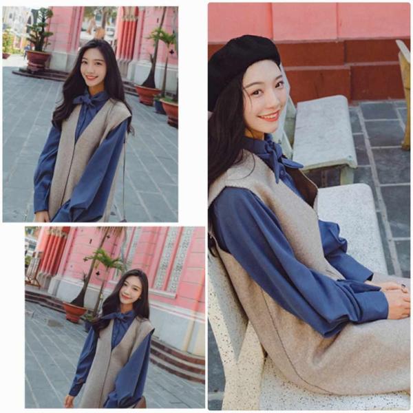 レディース 2点セット ワンピース Vネック ひざ丈 ブラウス ゆったり オーバーサイズ 長袖 ベージュ×ブルー S M L XL サイズ 送料無料