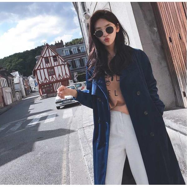 レディース トレンチコート ベルベット ジャケット ロング丈 アウター 秋 冬 グリーン ネイビー S M L 送料無料