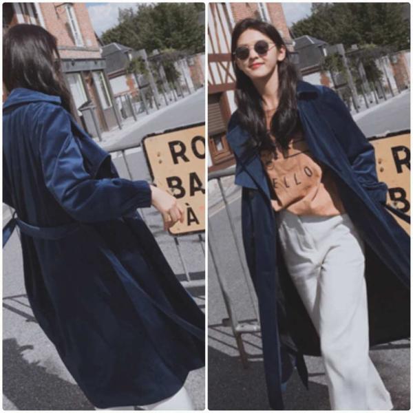 レディース トレンチコート ベルベット ジャケット ロング丈 アウター 秋 冬 グリーン ネイビー S M L 送料無料