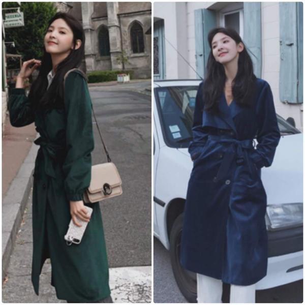 レディース トレンチコート ベルベット ジャケット ロング丈 アウター 秋 冬 グリーン ネイビー S M L 送料無料