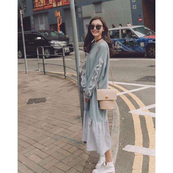 レディース ワンピース マーメイドスカート フレア フリル ミモレ丈 ラウンドネック ゆったり 長袖 ブルー S M L サイズ 送料無料