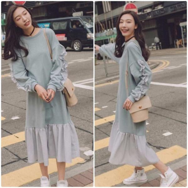 レディース ワンピース マーメイドスカート フレア フリル ミモレ丈 ラウンドネック ゆったり 長袖 ブルー S M L サイズ 送料無料