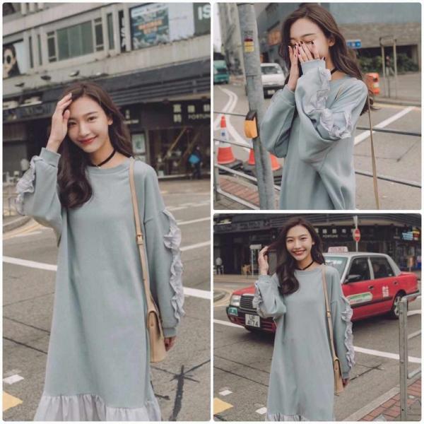 レディース ワンピース マーメイドスカート フレア フリル ミモレ丈 ラウンドネック ゆったり 長袖 ブルー S M L サイズ 送料無料