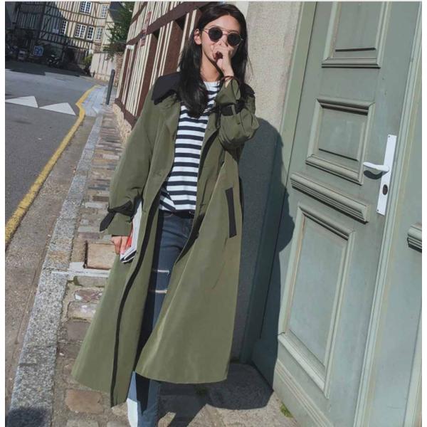 レディース トレンチコート ジャケット ロング丈 アウター 秋 冬 カジュアル 長袖 オリーブ S M L サイズ 送料無料