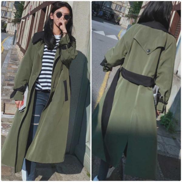レディース トレンチコート ジャケット ロング丈 アウター 秋 冬 カジュアル 長袖 オリーブ S M L サイズ 送料無料