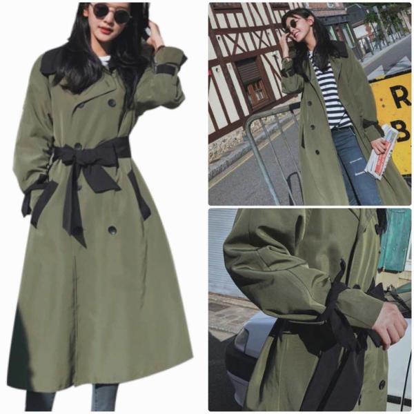 レディース トレンチコート ジャケット ロング丈 アウター 秋 冬 カジュアル 長袖 オリーブ S M L サイズ 送料無料
