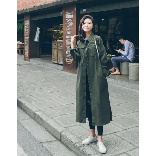 レディース シャツジャケット ロング丈 羽織 ジャケット コート トップス アウター オリーブ S M L XL サイズ 送料無料