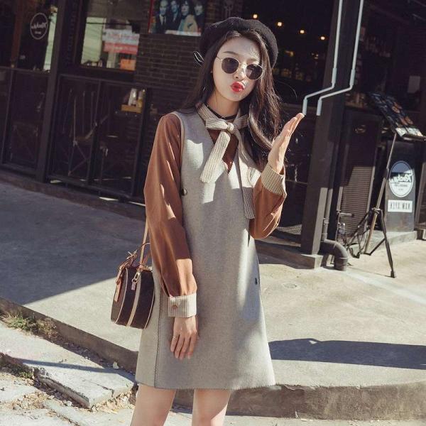 レディース　ツーピースドレス　長袖トップス　ノースリーブワンピース　無地　ゆったり　カジュアル　大人可愛い　フェミニン　オフィス　お出かけ　デート　デイリー　ブラウン　S　M　L　XL　送料無料