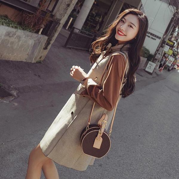 レディース　ツーピースドレス　長袖トップス　ノースリーブワンピース　無地　ゆったり　カジュアル　大人可愛い　フェミニン　オフィス　お出かけ　デート　デイリー　ブラウン　S　M　L　XL　送料無料