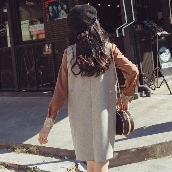 レディース　ツーピースドレス　長袖トップス　ノースリーブワンピース　無地　ゆったり　カジュアル　大人可愛い　フェミニン　オフィス　お出かけ　デート　デイリー　ブラウン　S　M　L　XL　送料無料