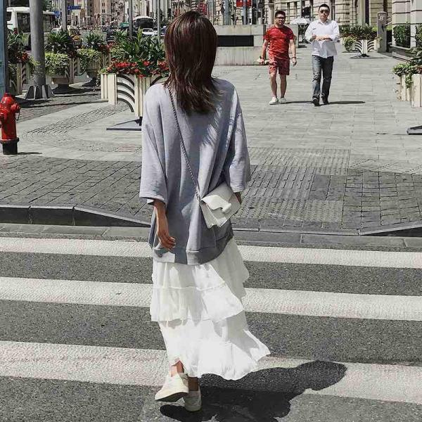 レディース　ワンピース　セータードレス　長袖　ロング丈　ティアード　シフォン　無地　ゆったり　カジュアル　大人可愛い　フェミニン　オフィス　お出かけ　デート　デイリー　グレー　S　M　L　送料無料