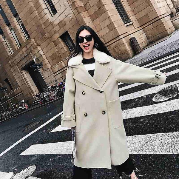 レディース　アウター　ラムウール　コート　無地　ロング丈　ダブル　ゆったり　カジュアル　大人可愛い　フェミニン　オフィス　お出かけ　デート　デイリー　ベージュ　ブラウン　S　M　L　送料無料