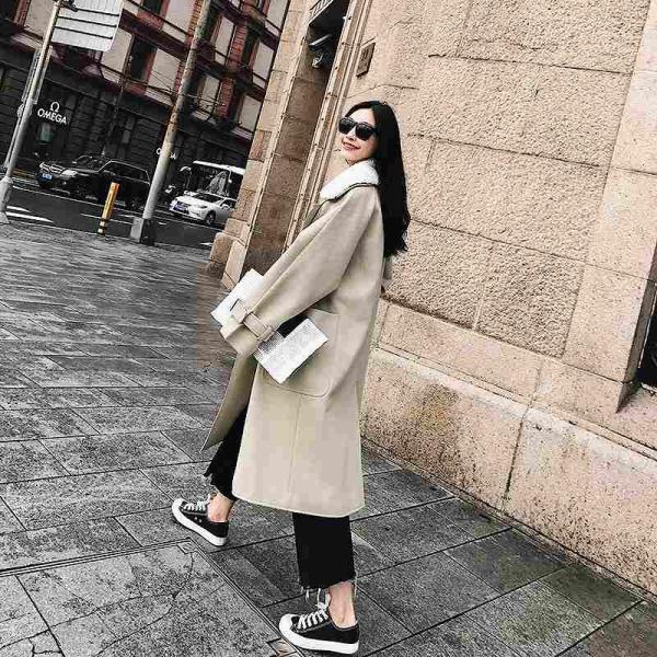 レディース　アウター　ラムウール　コート　無地　ロング丈　ダブル　ゆったり　カジュアル　大人可愛い　フェミニン　オフィス　お出かけ　デート　デイリー　ベージュ　ブラウン　S　M　L　送料無料