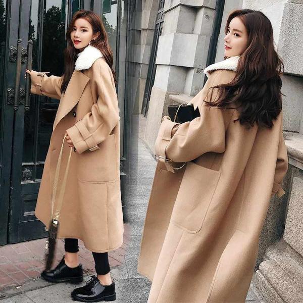 レディース　アウター　ラムウール　コート　無地　ロング丈　ダブル　ゆったり　カジュアル　大人可愛い　フェミニン　オフィス　お出かけ　デート　デイリー　ベージュ　ブラウン　S　M　L　送料無料