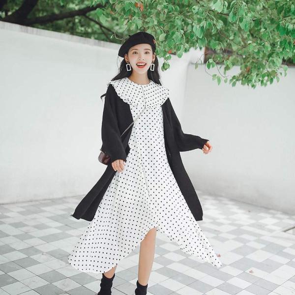 レディース　長袖　ロング　カーディガン　無地　ワンピース　ドット柄　フレア　ゆったり　カジュアル　大人可愛い　フェミニン　オフィス　お出かけ　デート　デイリー　ホワイト　フリーサイズ　送料無料