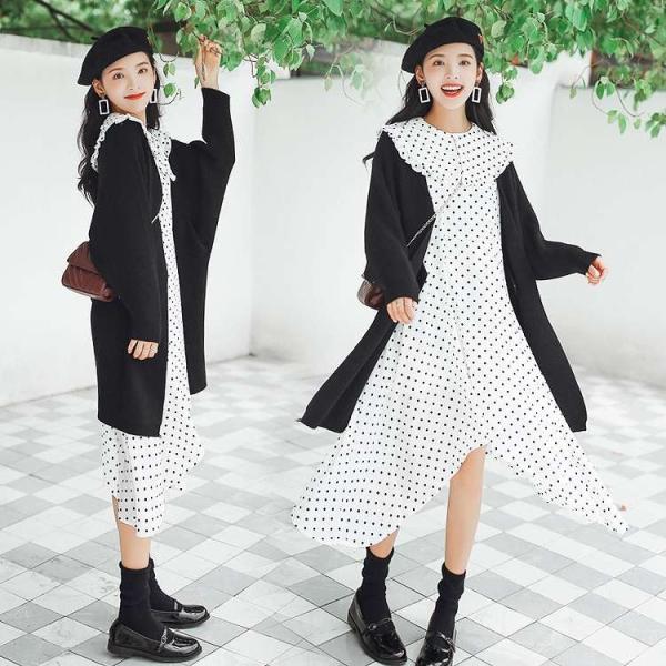 レディース　長袖　ロング　カーディガン　無地　ワンピース　ドット柄　フレア　ゆったり　カジュアル　大人可愛い　フェミニン　オフィス　お出かけ　デート　デイリー　ホワイト　フリーサイズ　送料無料