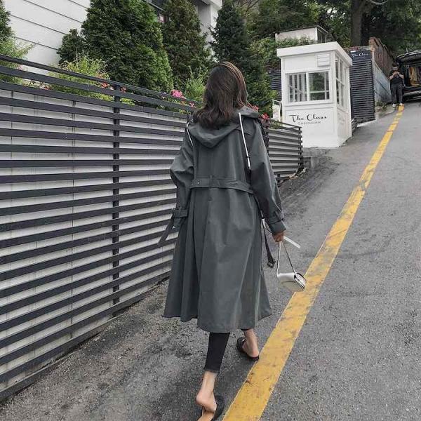 レディース　アウター　コート　ロング　フード付き　無地　ウエストベルト　ゆったり　カジュアル　大人可愛い　フェミニン　オフィス　お出かけ　デート　デイリー　グレー　カーキ　S　M　L　送料無料