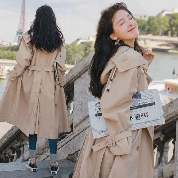 レディース　アウター　コート　ロング　フード付き　無地　ウエストベルト　ゆったり　カジュアル　大人可愛い　フェミニン　オフィス　お出かけ　デート　デイリー　グレー　カーキ　S　M　L　送料無料